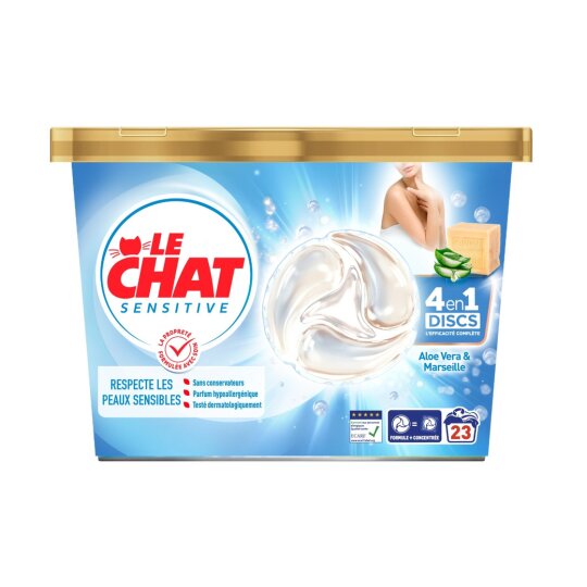 Le Chat Sensitive Discs Lessive Capsules 4en1 - Savon de Marseille & Aloe Vera - Peaux Sensibles - 23 Capsules