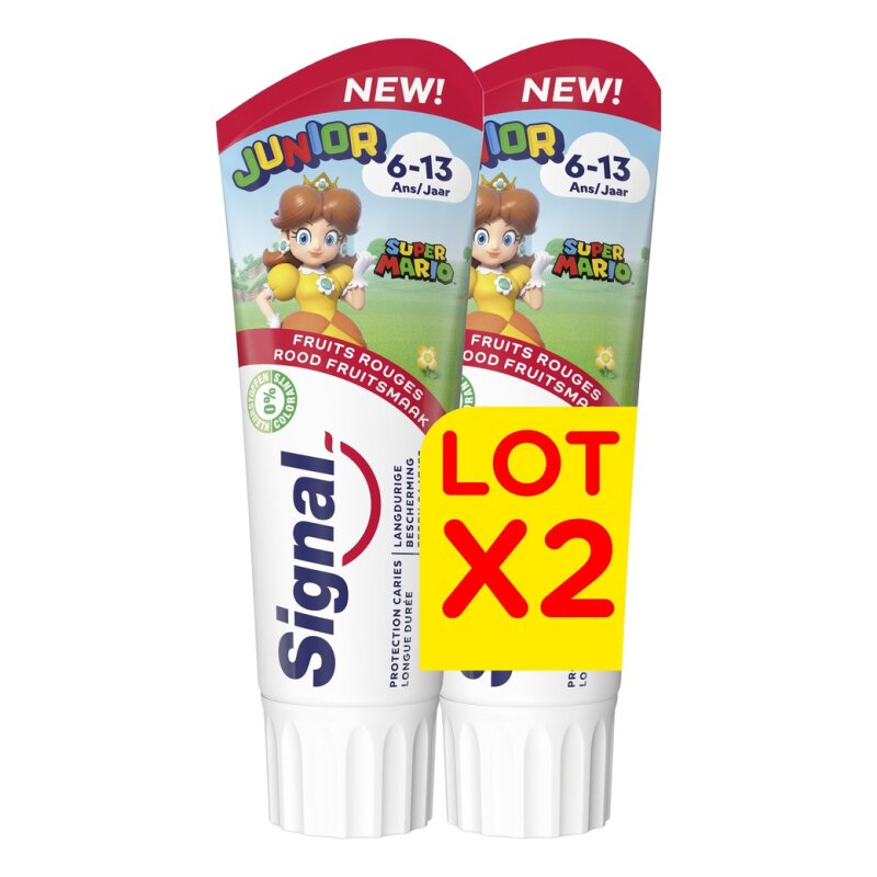 Signal Super Mario Dentifrice Junior - Enfants 6-13 Ans - 2x75ml - Fruits Rouges