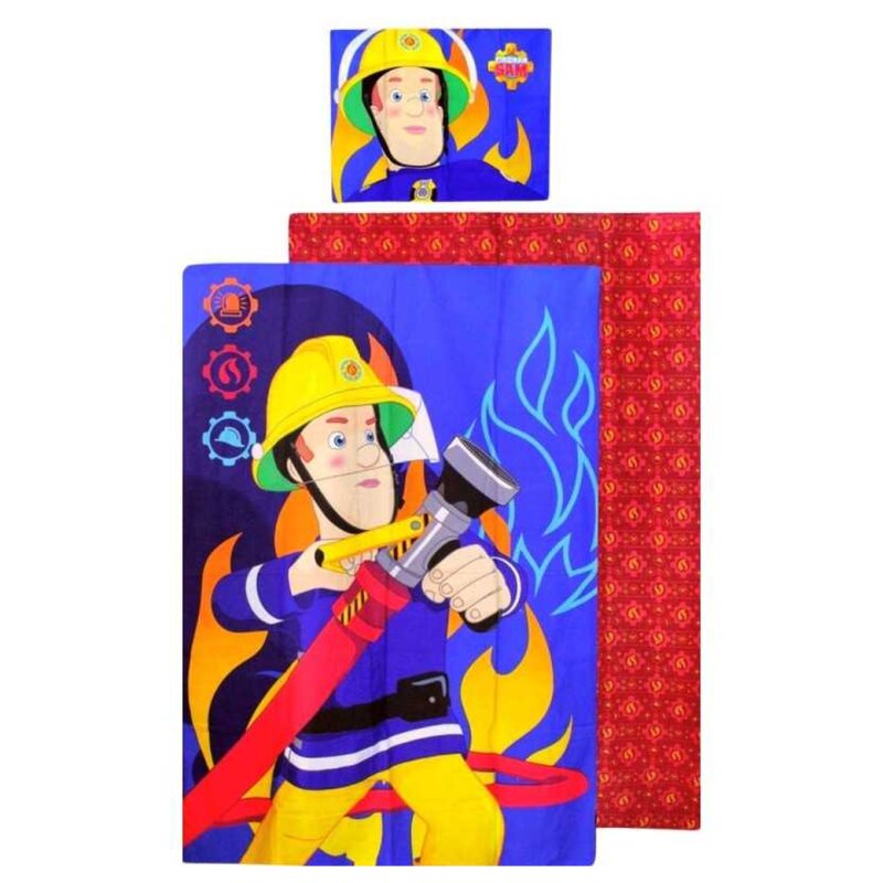 Sam le Pompier Housse de Couette + Taie d'Oreiller - 140x200 Cm + 70x90 Cm - 100% Coton