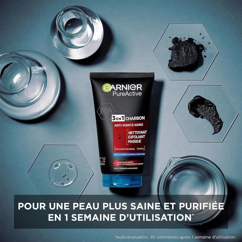Garnier Pure Active جل عناية بالبشرة 3 في 1 بالفحم - للبشرة الدهنية المعرضة لحب الشباب - 150 مل