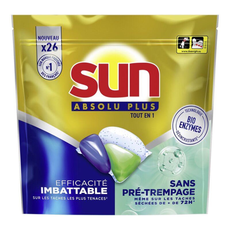 Sun Absolu Plus Capsules Lave-Vaisselle Tout-en-1 Bio-Enzymes - 26 Lavages