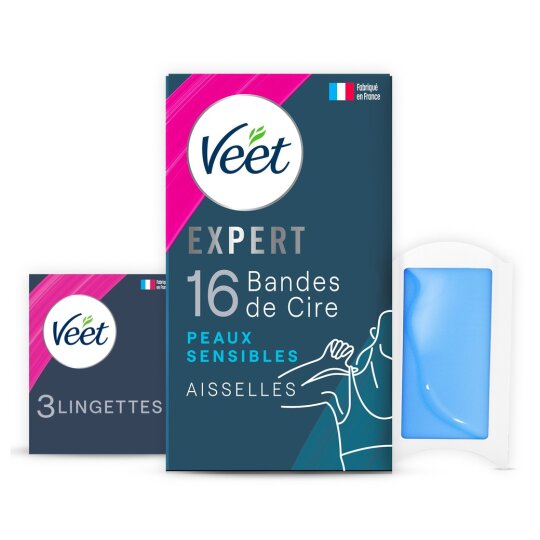 Veet Expert Bandes de Cire Aisselles - Peaux Sensibles - 16 Bandes + 3 Lingettes
