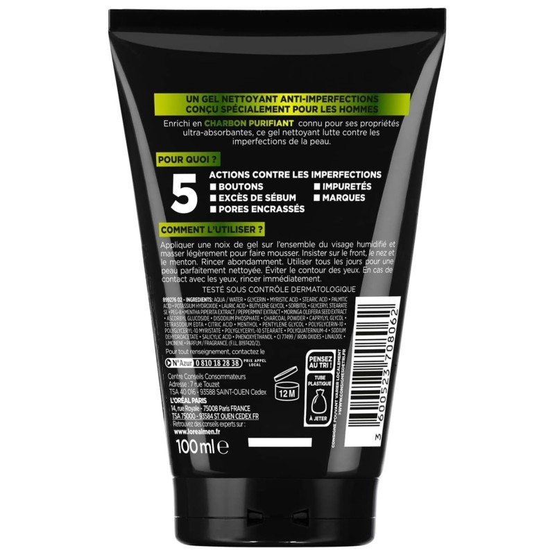 L'Oréal Men Expert Pure Carbon Gel Soin Visage Nettoyant Multi-Purifiant - Peau à Imperfections - 100ml