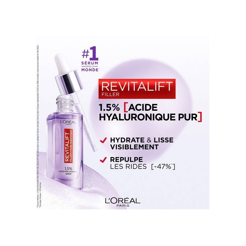 L'Oréal Paris Revitalift Filler مصل مضاد للتجاعيد بحمض الهيالورونيك النقي - البشرة الناضجة - 30 مل