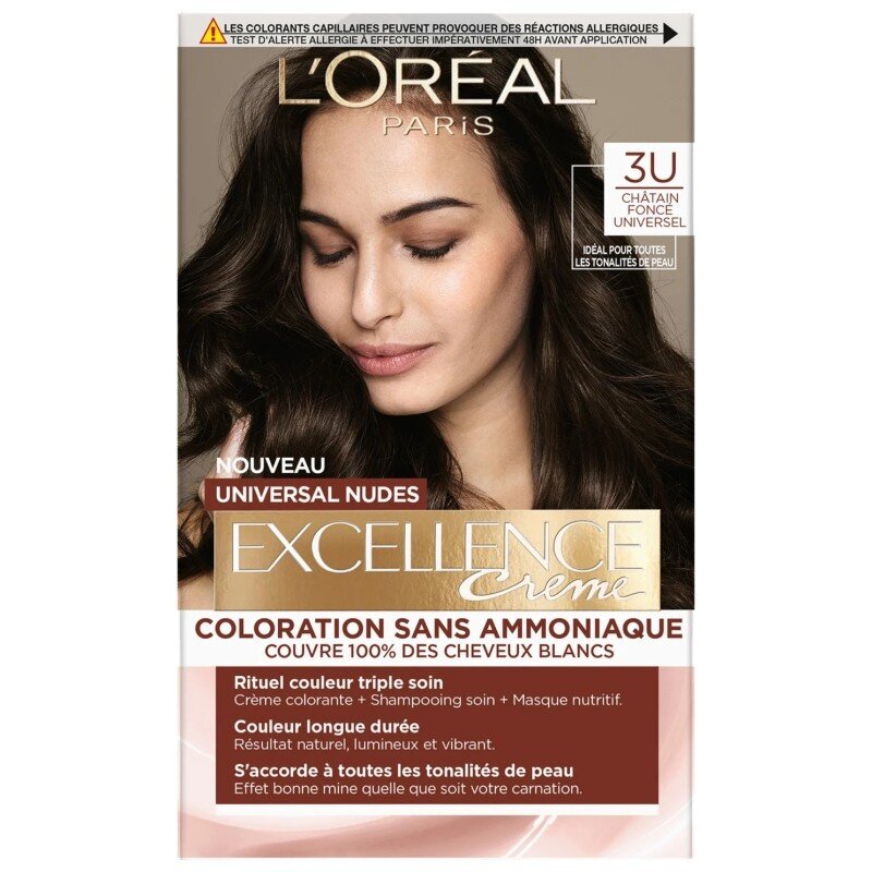 L'Oréal Paris Excellence Universal Nudes Coloration Permanente - 3 Châtain Foncé - Sans Ammoniaque - Couvre 100% Cheveux Blancs