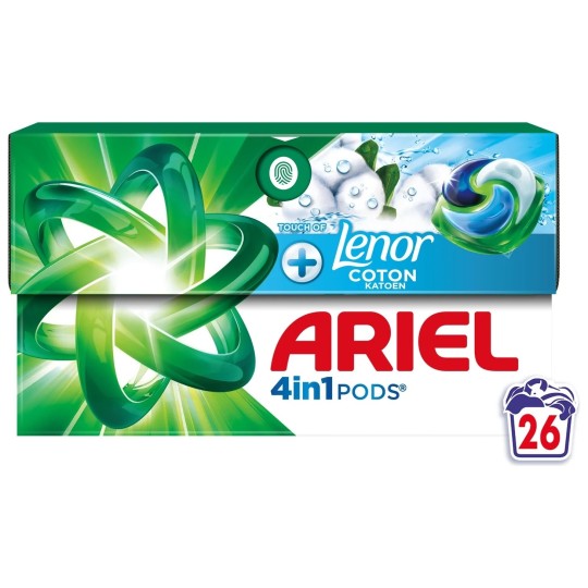 Ariel 4in1 Pods Lessive en Capsules + Touch Of Lenor Coton - 26 Lavages