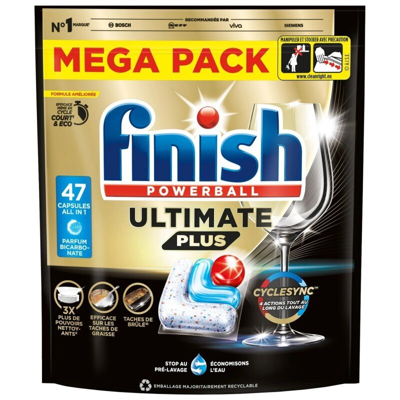 Finish Ultimate Plus Capsules Lave-Vaisselle Tout en 1 Bicarbonate - Pack de 47 Capsules