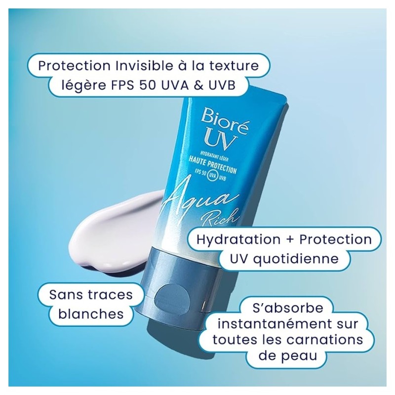 Biore Aqua Rich Uv Soin Visage Hydratant Léger Spf50 - Tous Types de Peau - 50ml