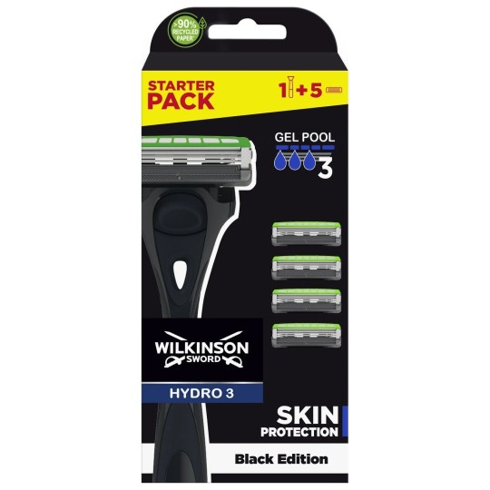 Wilkinson Hydro 3 Rasoir Homme - Peau Sensible - Black Edition - Rasoir + 4 Lames