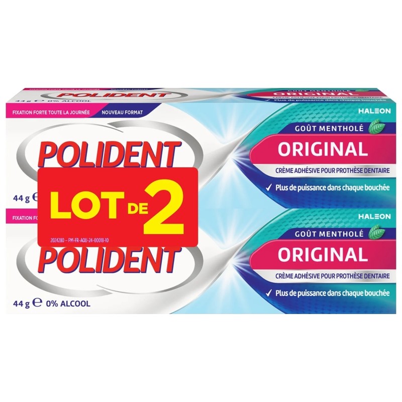 Polident Original Crème Fixative pour Appareil Dentaire - 0% Alcool - Gout Menthe - 2x44g