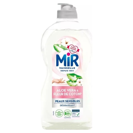 Mir Liquide Vaisselle Concentré Hypoallergénique - Peaux Sensibles - 450ml - Aloe Vera Fleurs de Coton