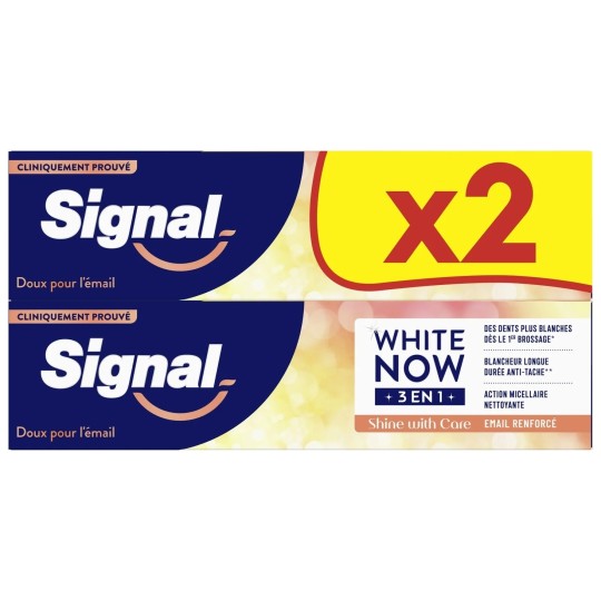 Signal White Now 3 en 1 Shine With Care Dentifrice Blanchissant - Émail Renforcé - 2x75ml