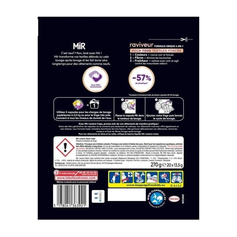 Mir Black Lessive Capsule Raviveur - Textiles Foncés - 20 Lavages
