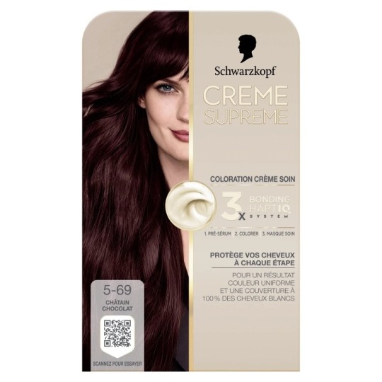 Schwarzkopf Supreme Crème Soin Coloration Permanente  - Couvre 100% Cheveux Blancs  - Châtain Chocolat 5-69