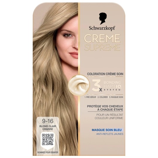 Schwarzkopf Supreme Crème Soin Coloration Permanente  - Couvre 100% Cheveux Blancs  - Blond Clair Cendré  9-16
