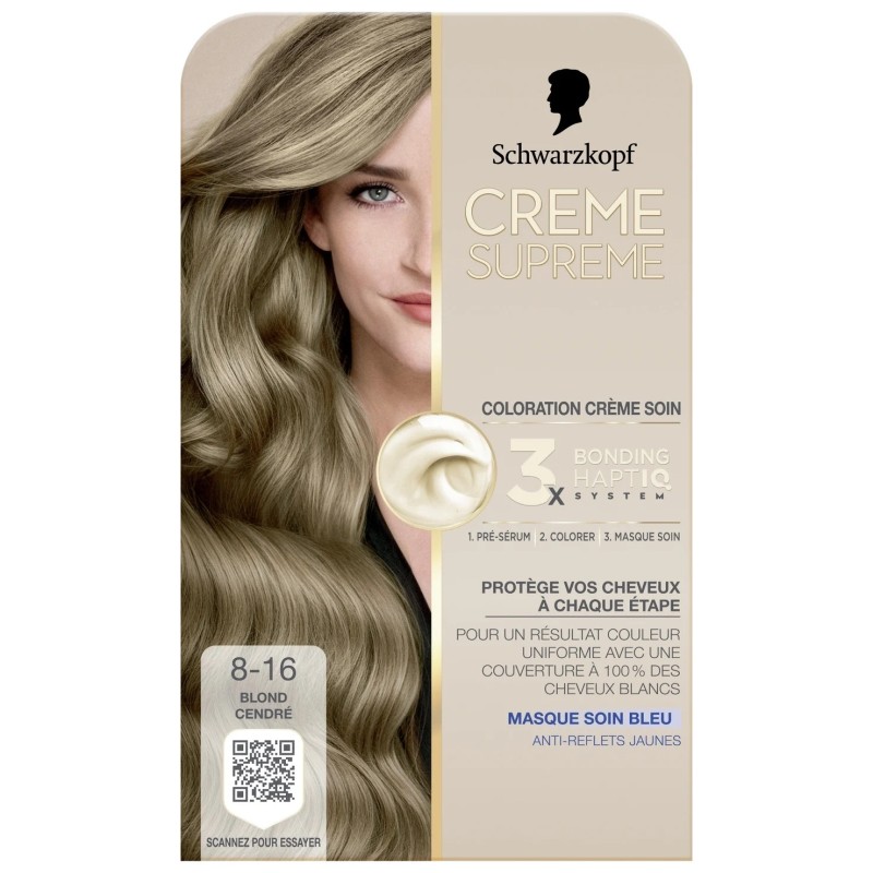 Schwarzkopf Supreme Crème Soin Coloration Permanente  - Couvre 100% Cheveux Blancs  - Blond Cendré 8-16