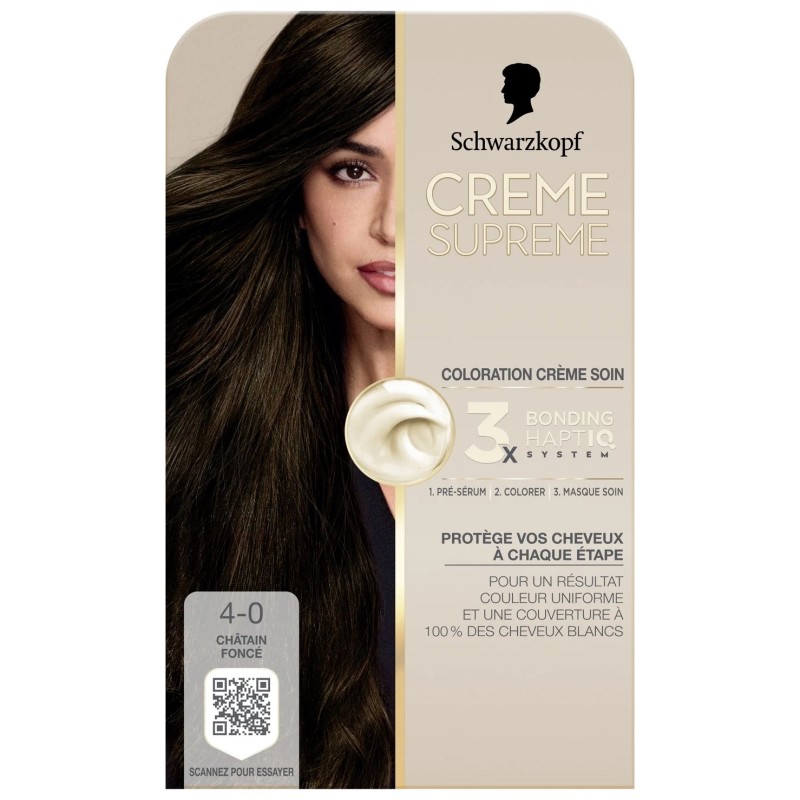 Schwarzkopf Supreme Crème Soin Coloration Permanente  - Couvre 100% Cheveux Blancs  - Châtain Foncé 4-0
