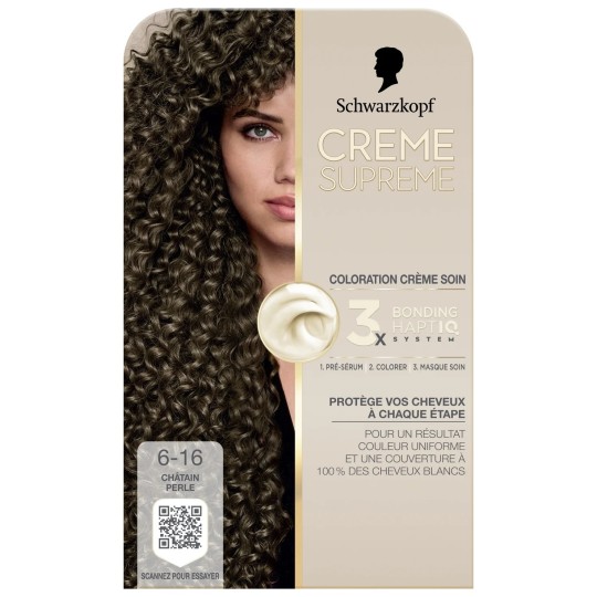 Schwarzkopf Supreme Crème Soin Coloration Permanente  - Couvre 100% Cheveux Blancs  - Châtain Perle 6-16