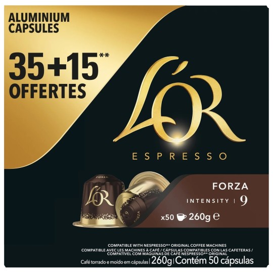 L'Or Espresso Forza Capsules Café Compatibles Nespresso - Intensité 9 - Boîte de 35+15 Capsules Offertes