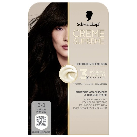 Schwarzkopf Supreme Crème Soin Coloration Permanente  - Couvre 100% Cheveux Blancs  - 3.0 Châtain Profond