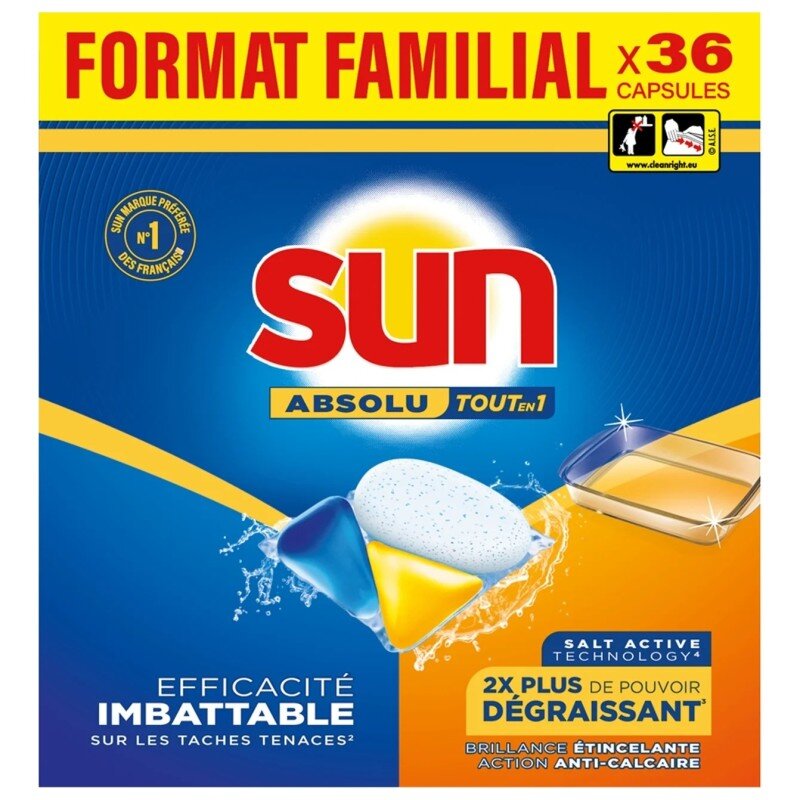 Sun Absolu Tout-en-1 Capsules Lave-Vaisselle Dégraissant - 36 Lavages