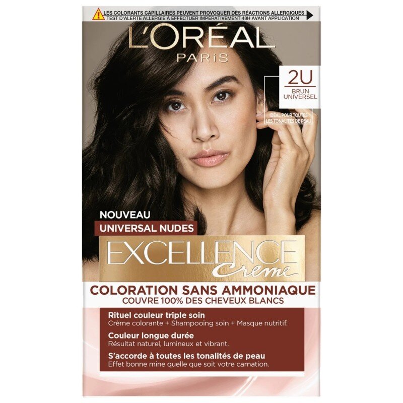 L'Oréal Paris Excellence Nudes Coloration Crème Permanente Cheveux - Couvre 100% Cheveux Blancs - Brun 2U
