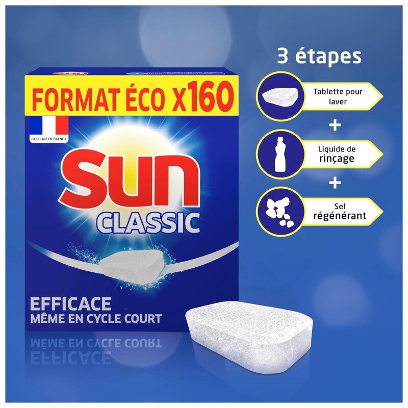 Sun Classic Tablettes Lave-Vaisselle - Efficace Cycles Courts et Basse Température - 160 Tablettes