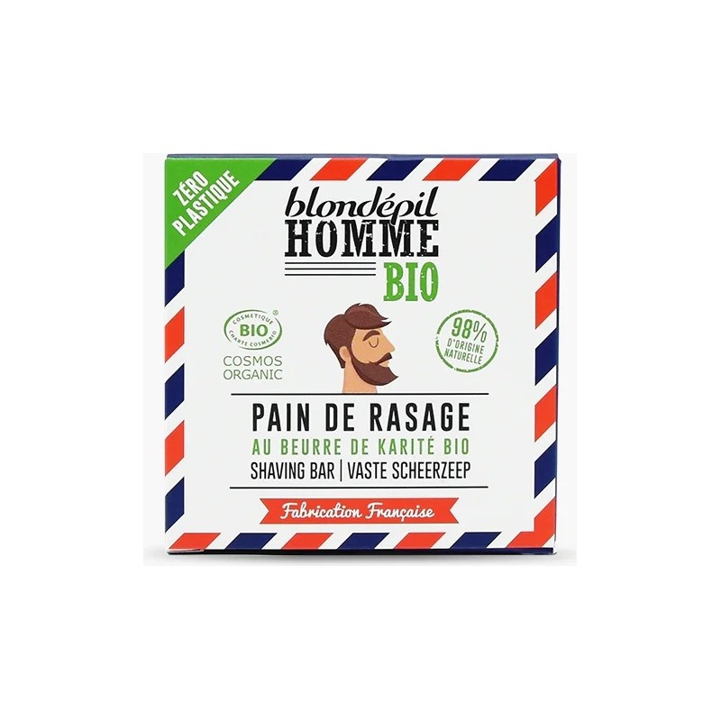 Blondépil Pain de Rasage Solide Beurre de Karité BIO et en Huile d’Amande Douce BIO - Rasage Homme - 55ml