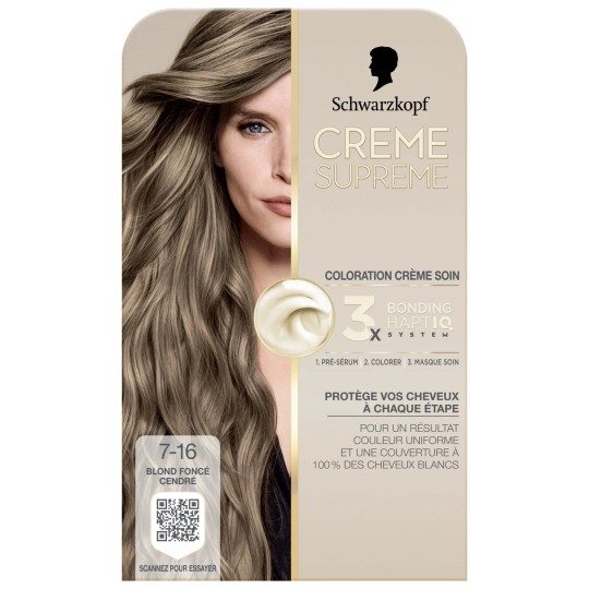 Schwarzkopf Supreme Crème Soin Coloration Permanente  - Couvre 100% Cheveux Blancs  - 7-16 Blond Foncé Cendré