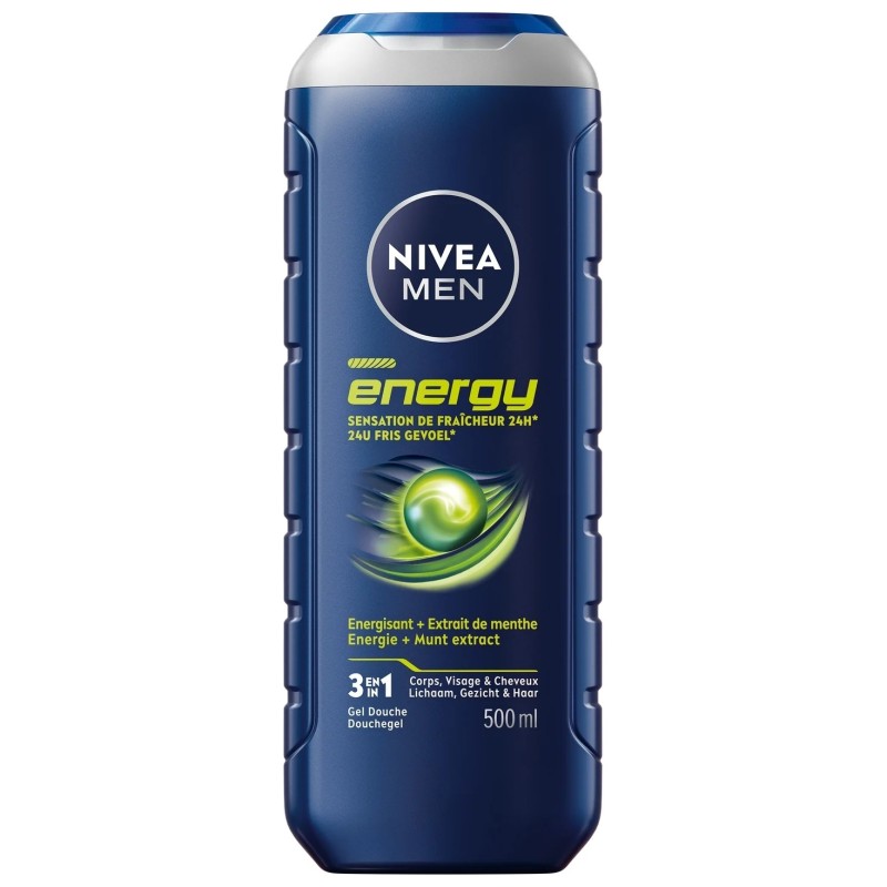 Nivea Men Energy Gel Douche 3 en 1 - Corps, Visage et Cheveux - 500ml - Menthe Fraîcheur