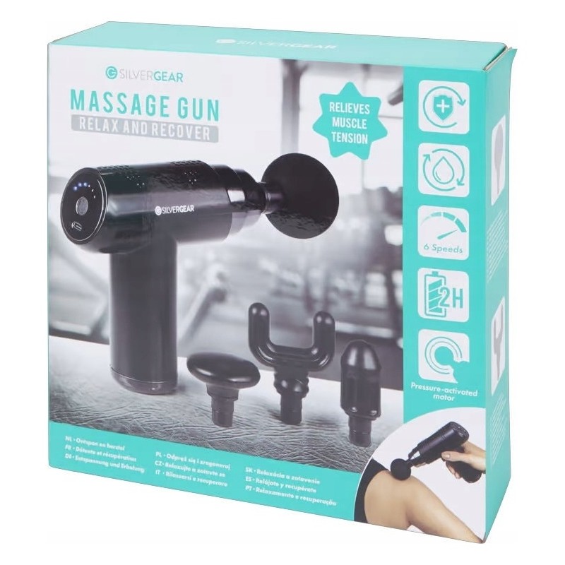 Silvergear Pistolet de Massage - 4 Embouts - 6 Vitesses - Noir