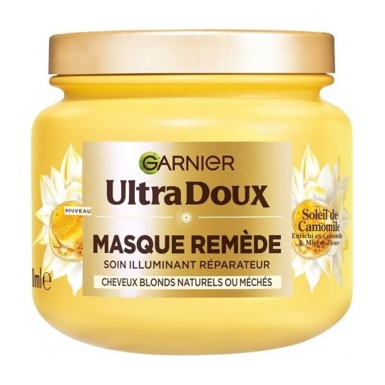 Garnier Ultra Doux Masque Illuminant Réparateur Cheveux Blonds - Camomille Miel Fleurs - 94% d'Ingrédients d'Origine Naturelle