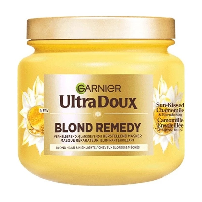 Garnier Ultra Doux Masque Illuminant Réparateur Cheveux Blonds - Camomille Miel Fleurs - 94% d'Ingrédients d'Origine Naturelle