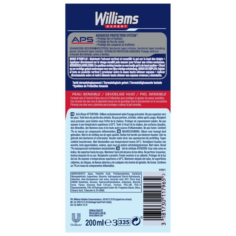 Williams Gel à Raser Peau Sensible Homme Aloe Vera et Allantoïne - 200ml