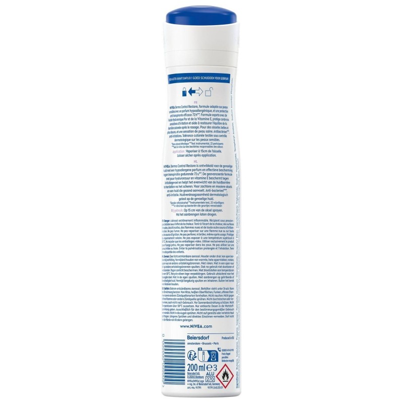 Nivea Derma Control Restore Déodorant Spray Anti-Transpirant - Peau Sensible Hypoallergénique Vitamine E - 72h - 200ml