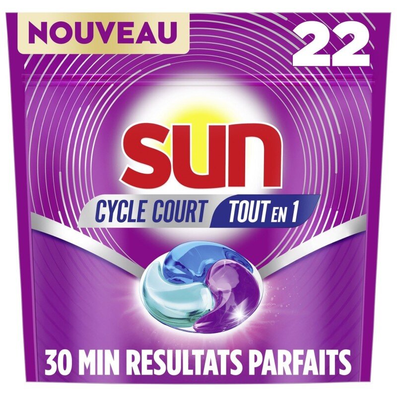 Sun Capsules Lave-Vaisselle Tout en 1 - Cycle Court Dès 30 Min - 22 Lavages