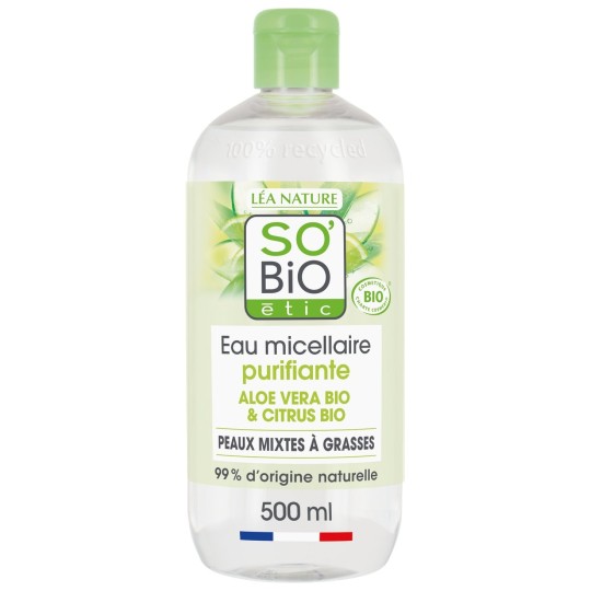 So'Bio Etic Eau Micellaire Purifiante Visage et Yeux - Tous Types de Peaux - Aloe Vera Citrus Bio - 500ml
