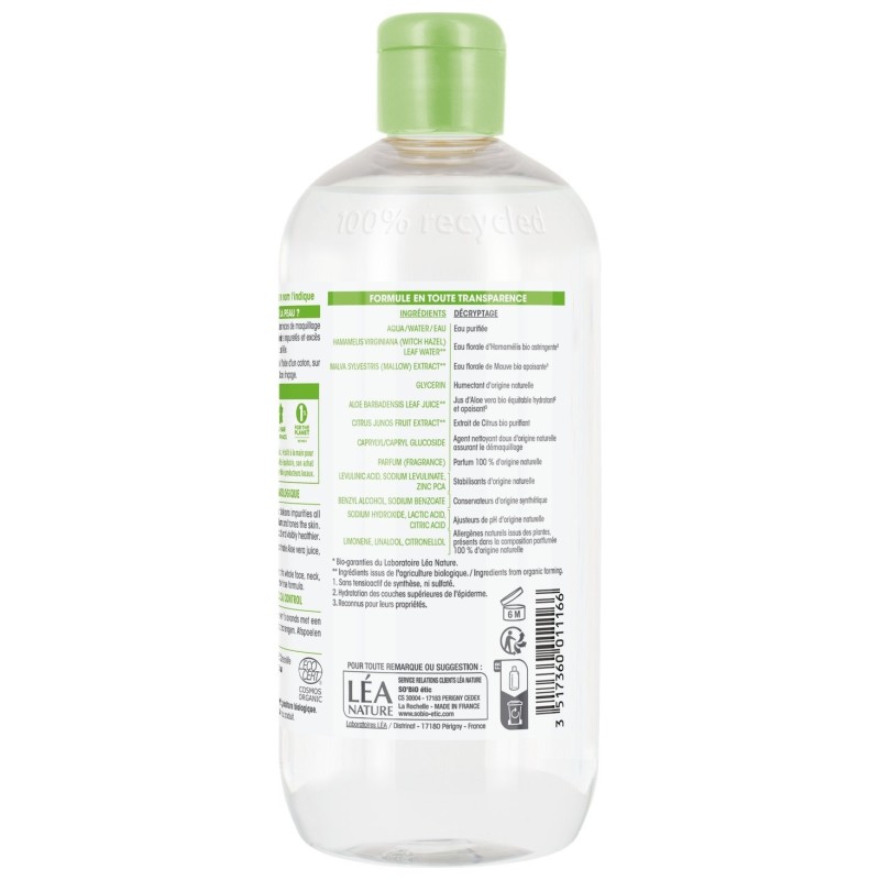 So'Bio Etic Eau Micellaire Purifiante Visage et Yeux - Tous Types de Peaux - Aloe Vera Citrus Bio - 500ml