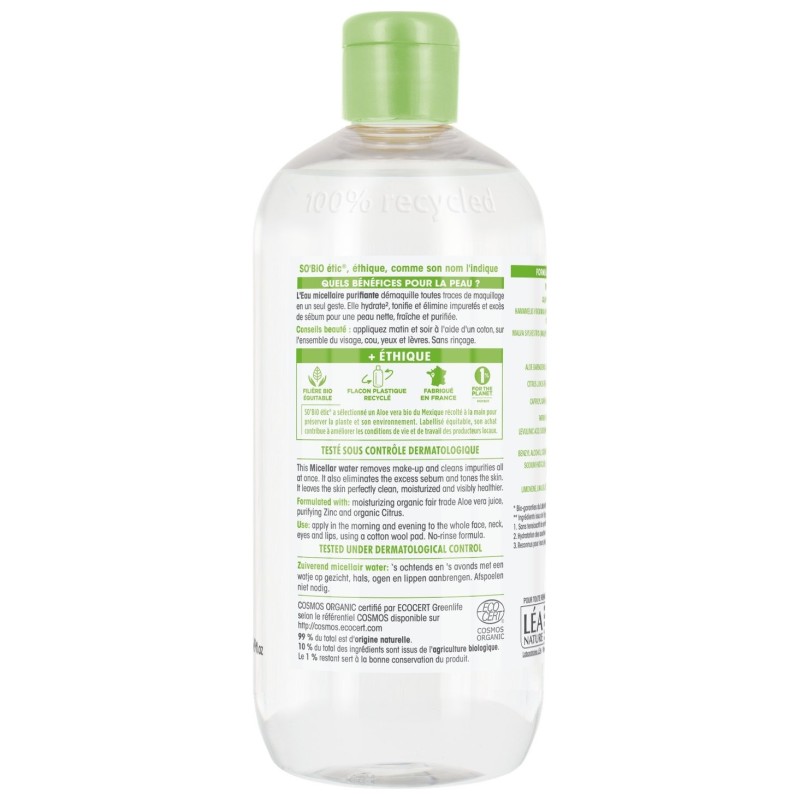 So'Bio Etic Eau Micellaire Purifiante Visage et Yeux - Tous Types de Peaux - Aloe Vera Citrus Bio - 500ml