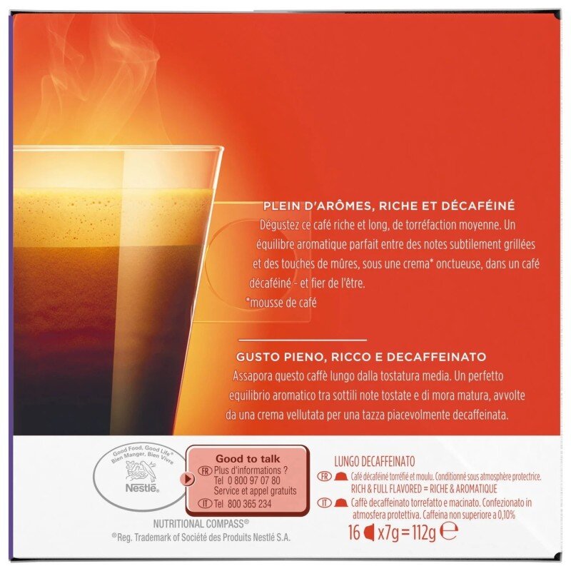 Nescafé Dolce Gusto Capsules Café Lungo Décaféiné Intensité 6 - Lot de 16 Capsules
