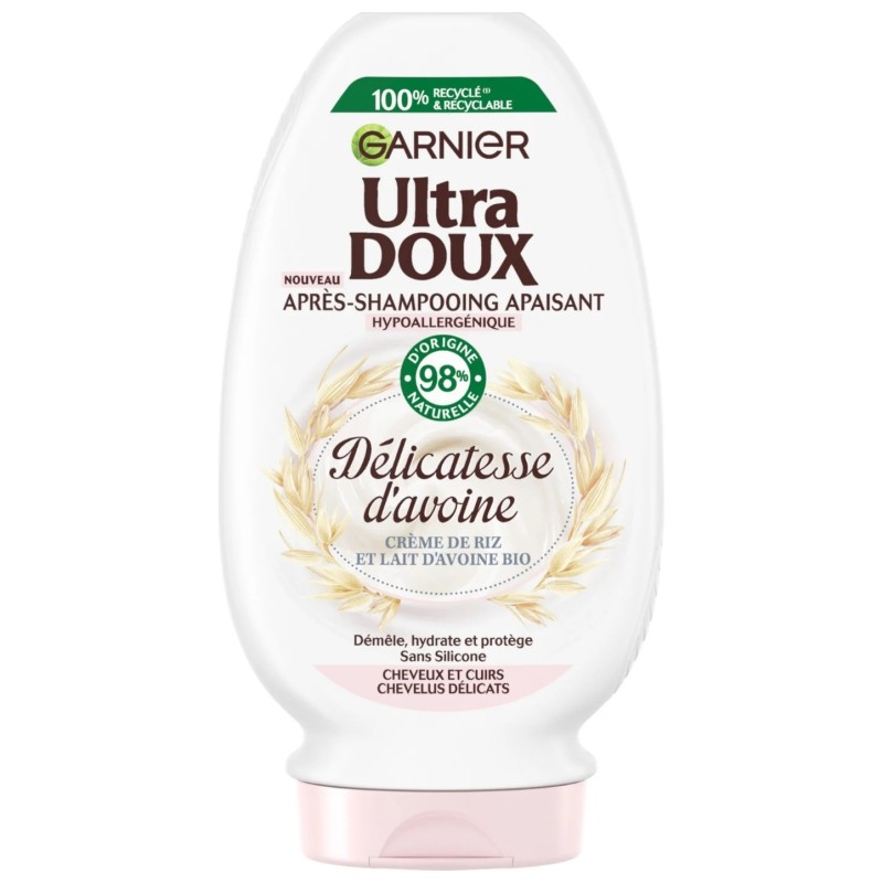 Garnier Ultra Doux Après-Shampoing Apaisant Démêlant - Cheveux Délicats - Crème de Riz et Lait d'Avoine - 250ml