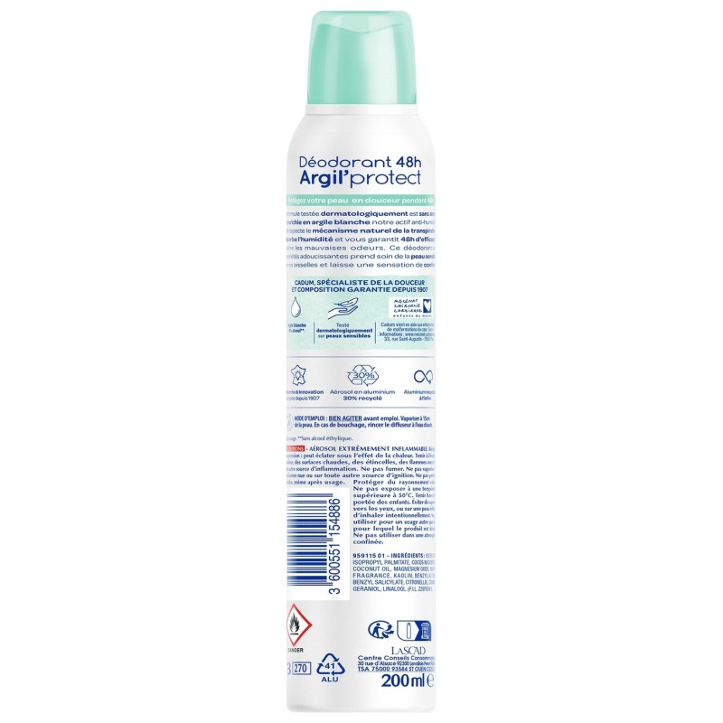 Cadum argil'Protect Déodorant Spray Fraîcheur Coton - Protection 48h - 200ml