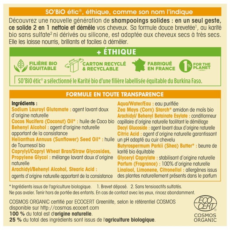 So Bio Etic Shampoing Solide Démêlant - Cheveux Secs à Très Secs - 65g
