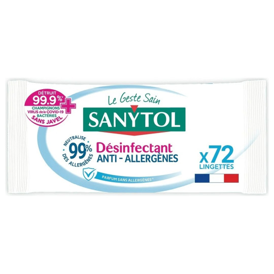 Sanytol Lingettes Désinfectantes Multi-Usages Anti-Allergènes - 72 Lingettes