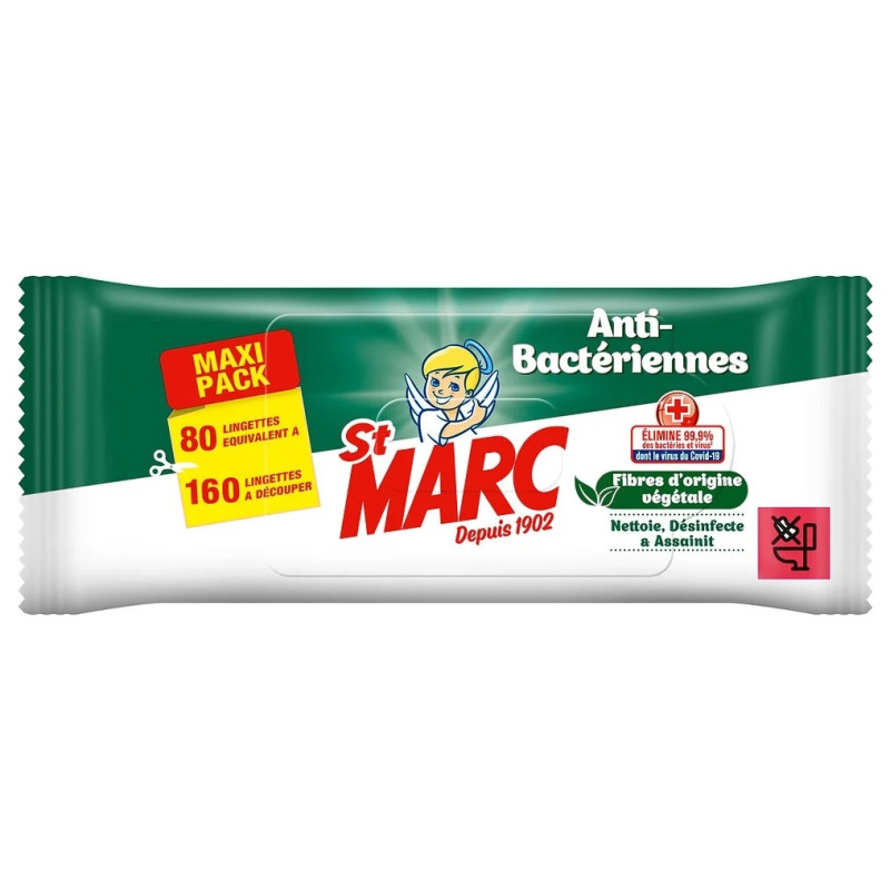 Saint Marc Lingettes Nettoyantes Désinfectantes Anti-Bactériennes - 80 Pièces