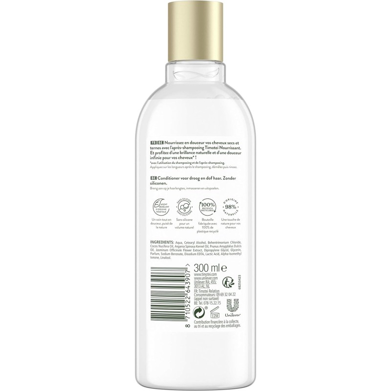 Timotei Après-Shampooing Femme Nourissant Huiles Précieuses d'Argan bio et fleur de jasmin, pour cheveux secs et ternes, Sans