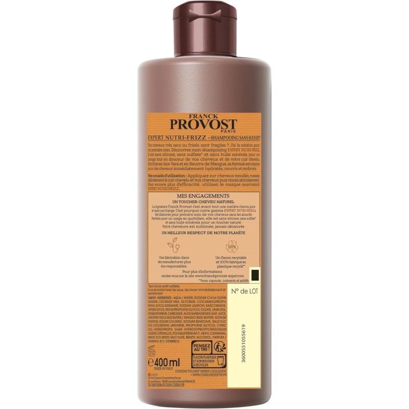 Franck Provost EXPERT NUTRI-FRIZZ Shampoing professionnel sans sulfate pour cheveux secs ou frisés
