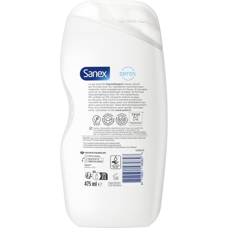 Sanex Gel douche Hypoallergenique Zéro% Pour Peaux Sensibles, Biodégradable et Vegan, 475ml