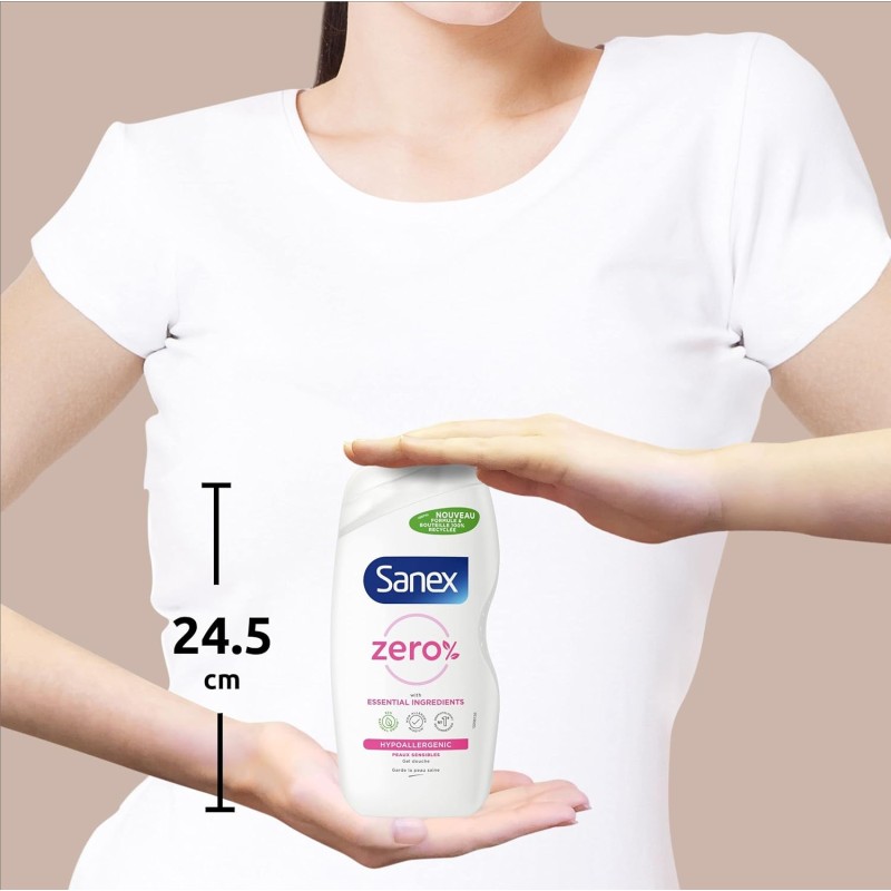 Sanex Gel douche Hypoallergenique Zéro% Pour Peaux Sensibles, Biodégradable et Vegan, 475ml