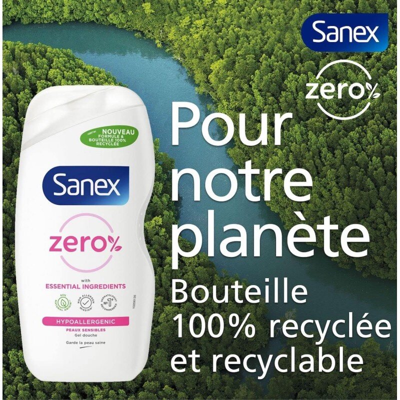 Sanex Gel douche Hypoallergenique Zéro% Pour Peaux Sensibles, Biodégradable et Vegan, 475ml